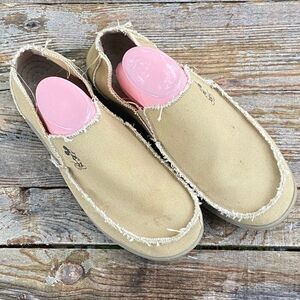 CROCS DISNEY Beige Canvas Slip On Frayed Distressed Slip On Boat Shoes Men’s Sz